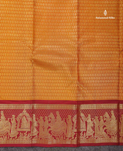 Beautiful Mustard Yellow Bridal Pure Kanjivaram Silk Saree With Contrast Maroon Traditional Pallakku Border