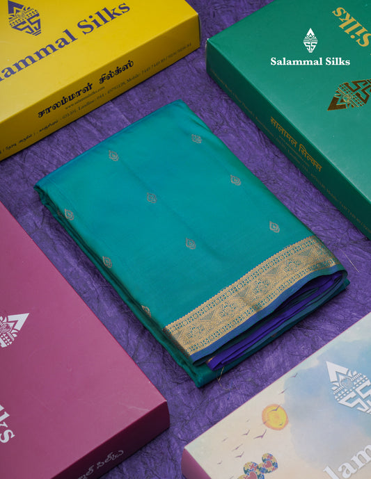 Dual Tone Peacock Green Puremix Silk Saree With Small Traditional Border