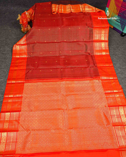Pure Kanjivaram Silk Saree - Maroon Colour Body Small Checks With Butta & Contrast Orange Border