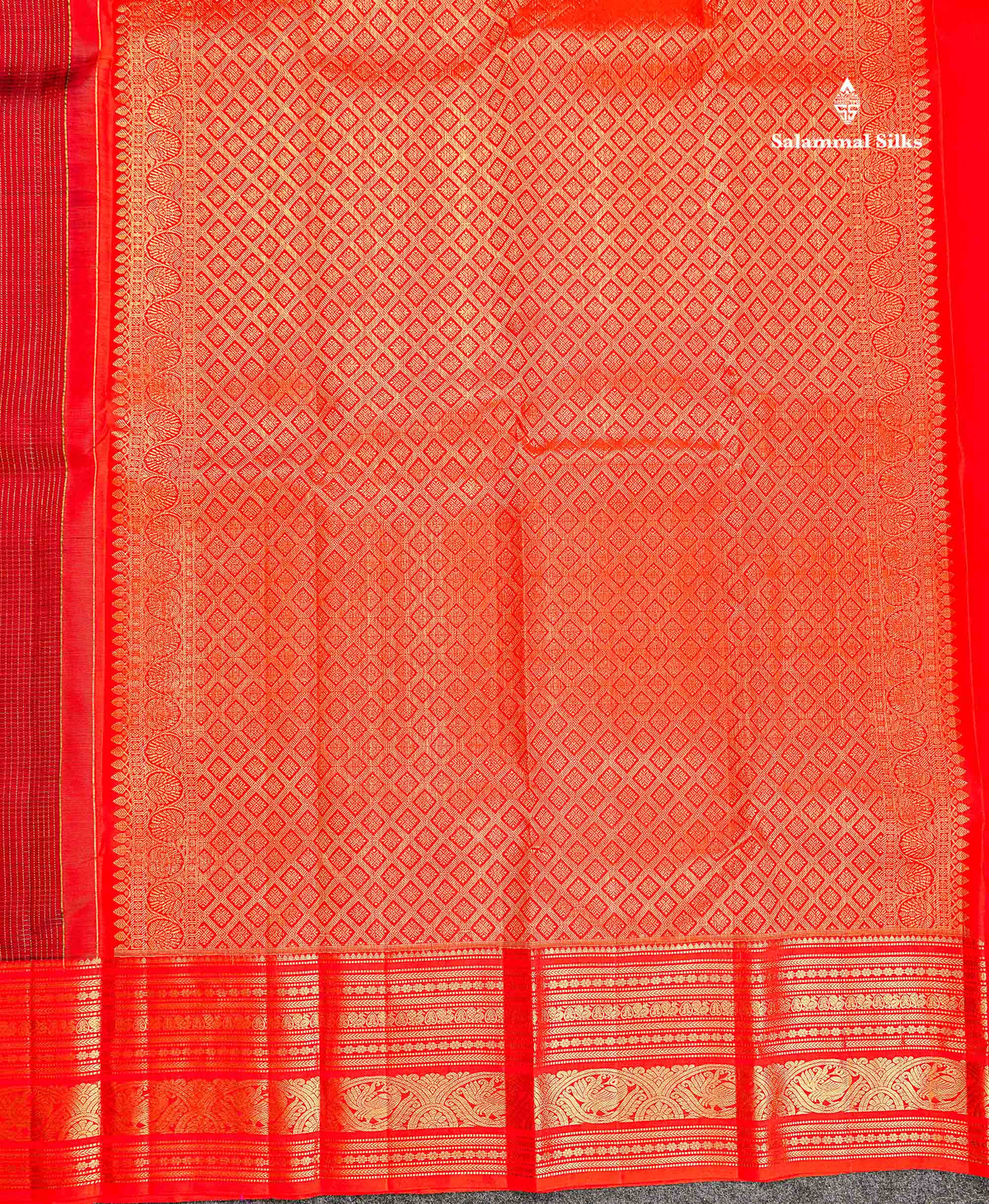 Pure Kanjivaram Silk Saree - Maroon Colour Body Small Checks With Butta & Contrast Orange Border