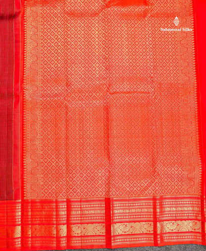 Pure Kanjivaram Silk Saree - Maroon Colour Body Small Checks With Butta & Contrast Orange Border