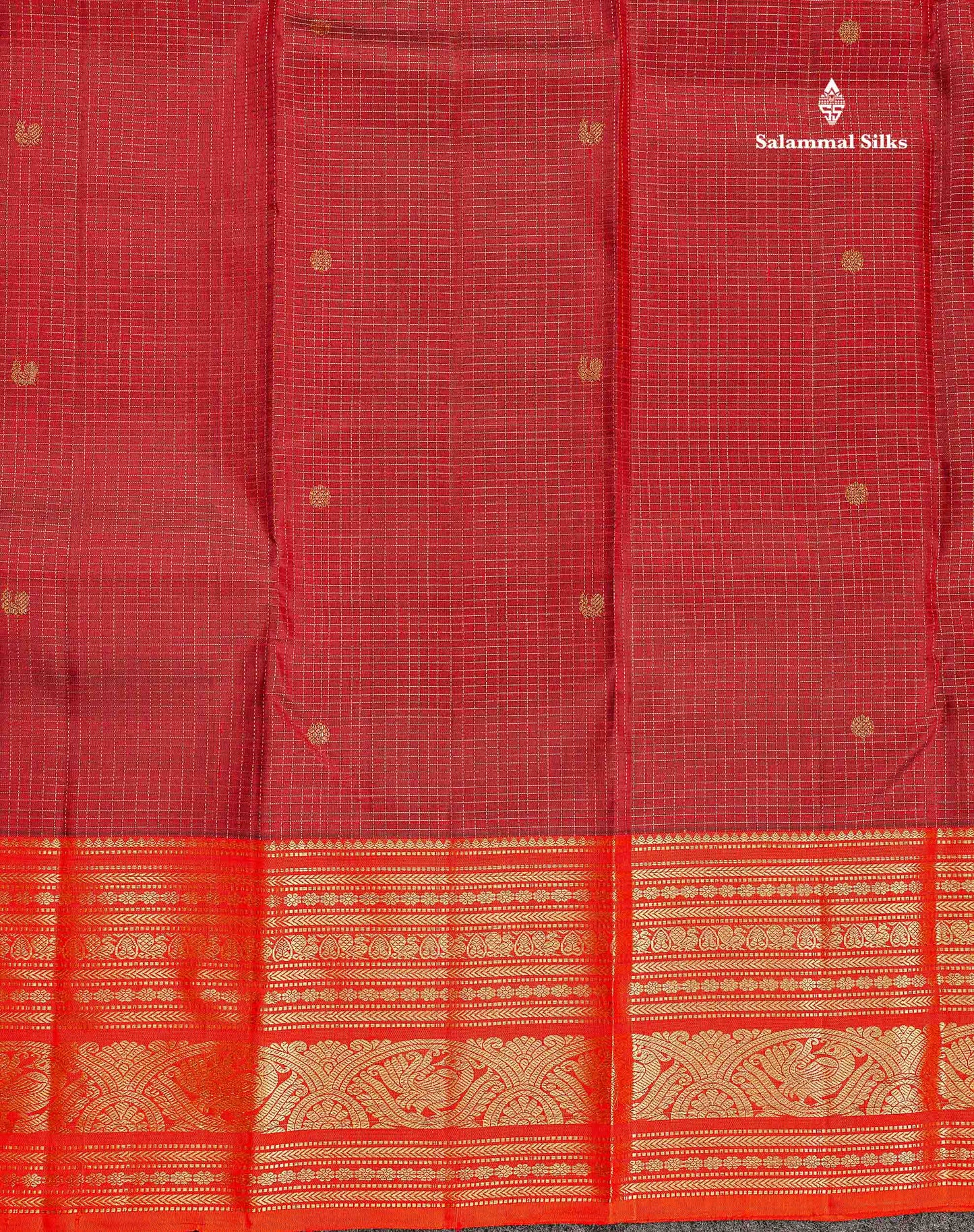 Pure Kanjivaram Silk Saree - Maroon Colour Body Small Checks With Butta & Contrast Orange Border