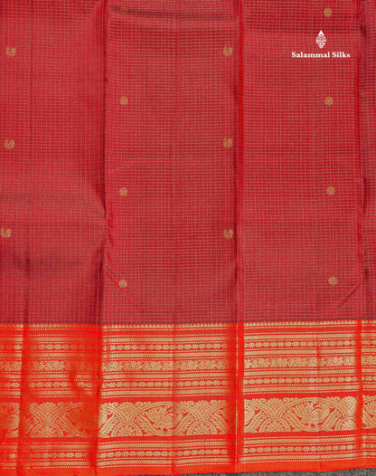 Pure Kanjivaram Silk Saree - Maroon Colour Body Small Checks With Butta & Contrast Orange Border