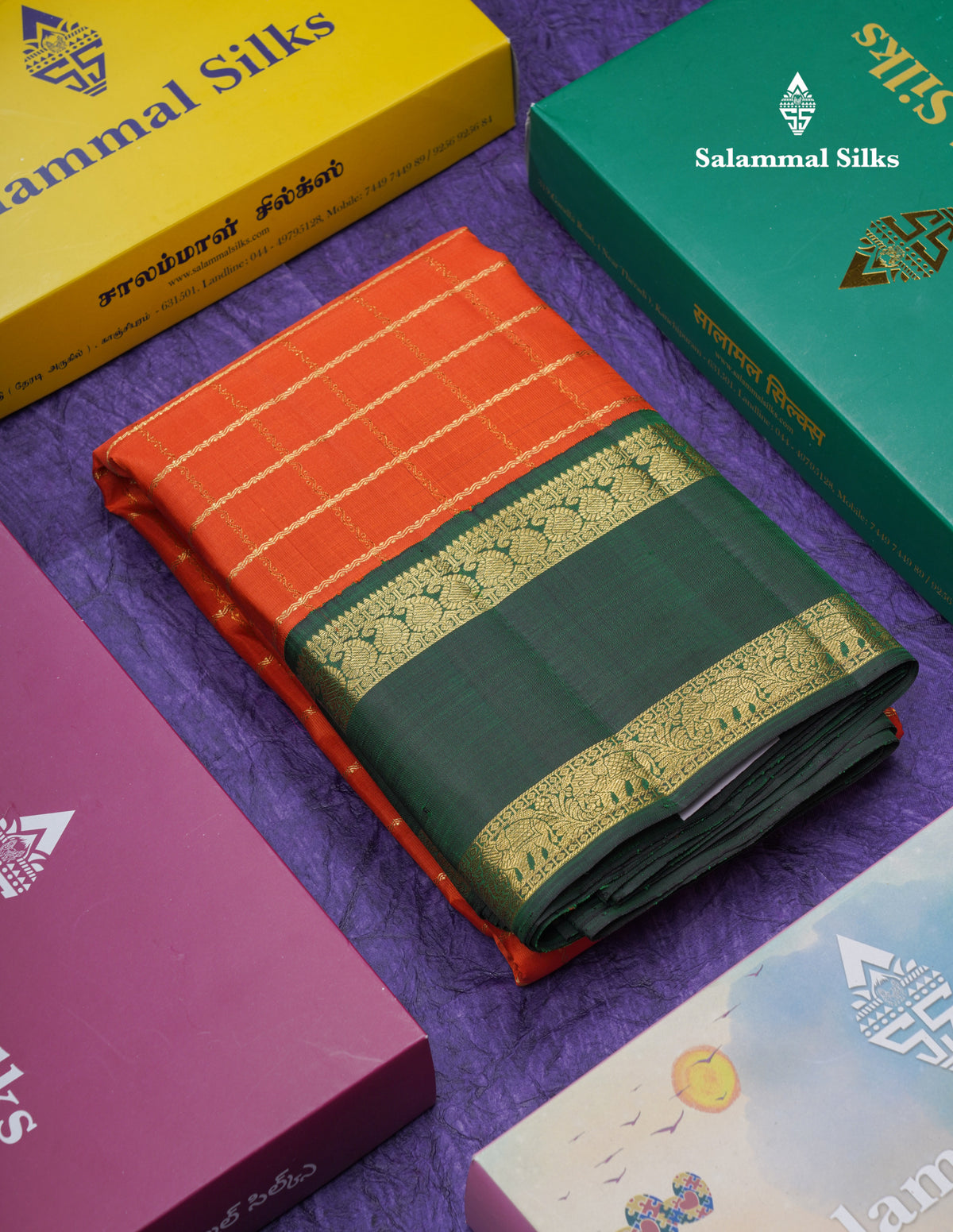 Orange Veldhari Zari Checks Pure Kanjivaram Silk Saree With Contrast Bottle Green Traditional Rettapet Border