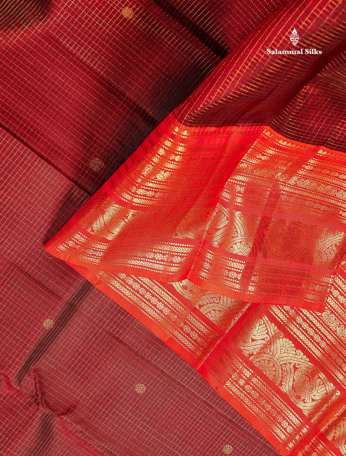 Pure Kanjivaram Silk Saree - Maroon Colour Body Small Checks With Butta & Contrast Orange Border