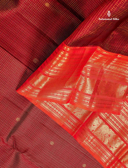 Pure Kanjivaram Silk Saree - Maroon Colour Body Small Checks With Butta & Contrast Orange Border