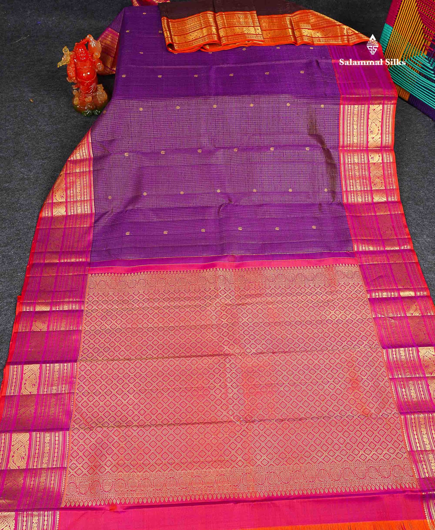 Pure Kanjivaram Silk Saree - Purple Colour Body Small Checks With Butta & Contrast Pinkish Orange Border