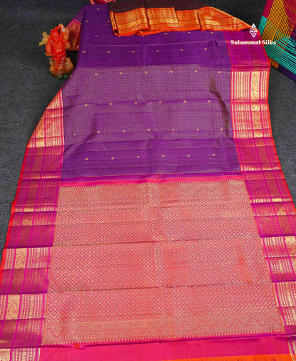 Pure Kanjivaram Silk Saree - Purple Colour Body Small Checks With Butta & Contrast Pinkish Orange Border