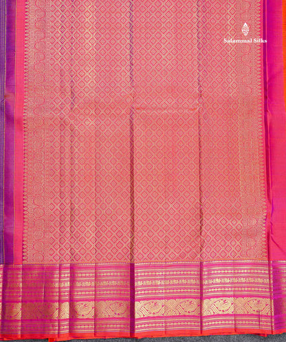 Pure Kanjivaram Silk Saree - Maroon Colour Body Small Checks With Butta & Contrast Orange Border