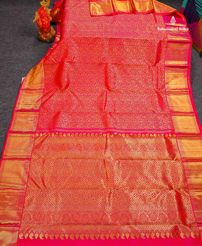 Beautiful Dual Tone Pinkish Red 2G Bridal Pure Kanjivaram Silk Saree With Traditional Border