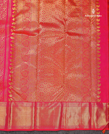 Beautiful Dual Tone Pinkish Red 2G Bridal Pure Kanjivaram Silk Saree With Traditional Border