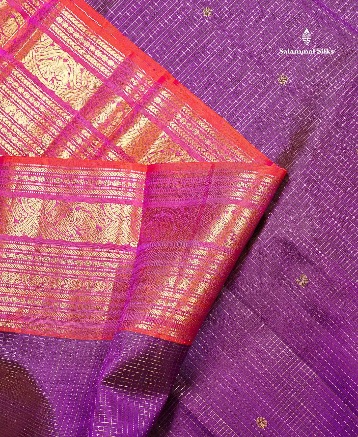 Pure Kanjivaram Silk Saree - Maroon Colour Body Small Checks With Butta & Contrast Orange Border
