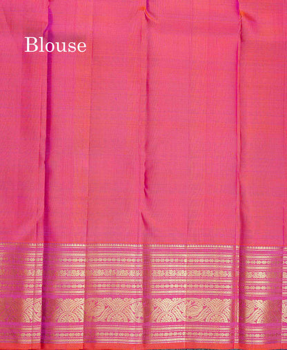 Pure Kanjivaram Silk Saree - Maroon Colour Body Small Checks With Butta & Contrast Orange Border