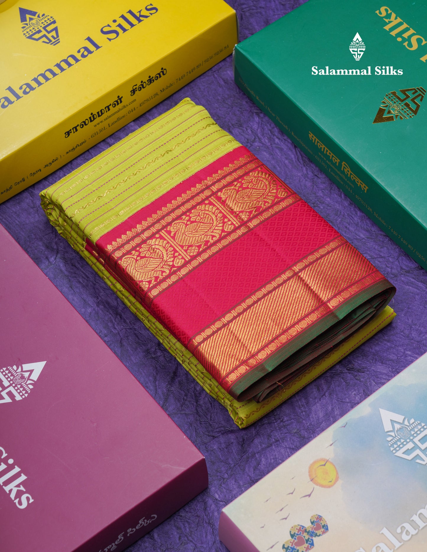 Beautiful Parrot Green Vintage Veldhari Pure Kanjivaram Silk Saree With Reddish Pink Traditional Rettapet Border