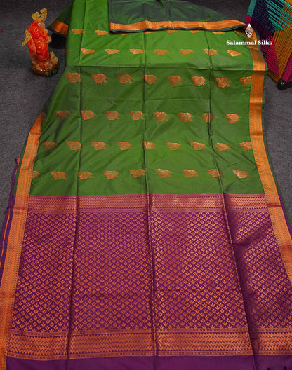 Beautiful Bottle Green Copper Zari Butta Semi Soft Silk Saree With Contrast Dark Purple Blouse