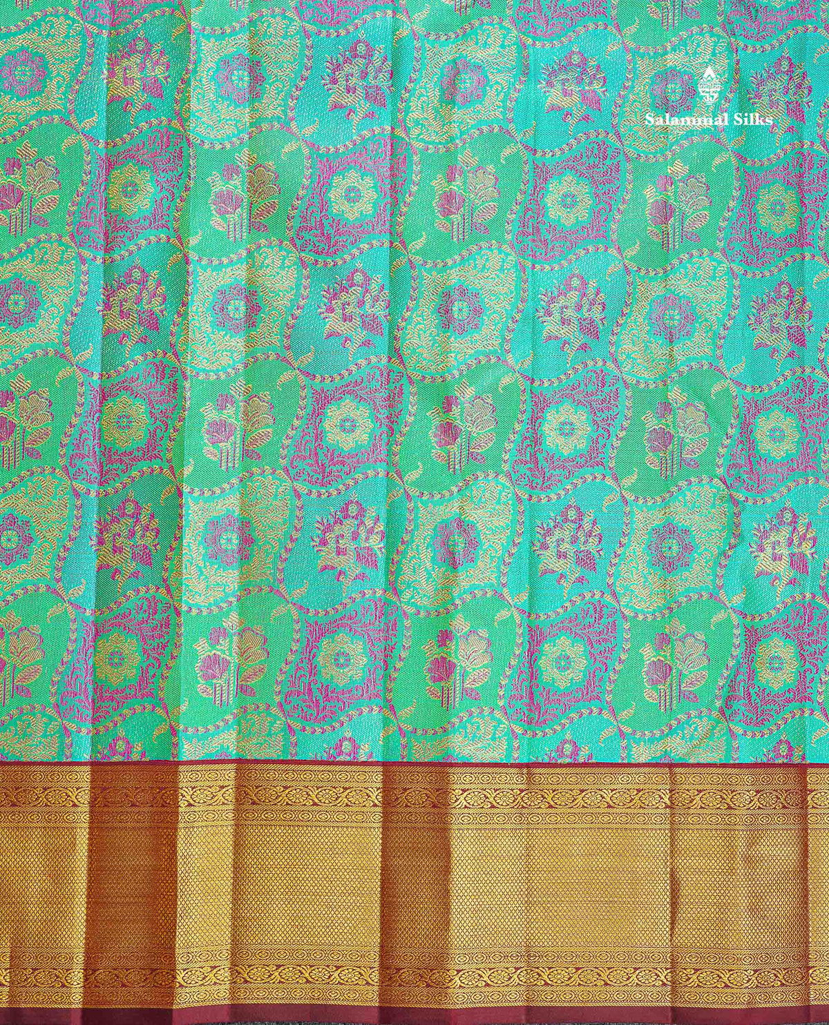 Korvai 2G Zari Kanjivaram Silk Saree - Sapphire Green Colour Body With Contrast Dark Brown Border