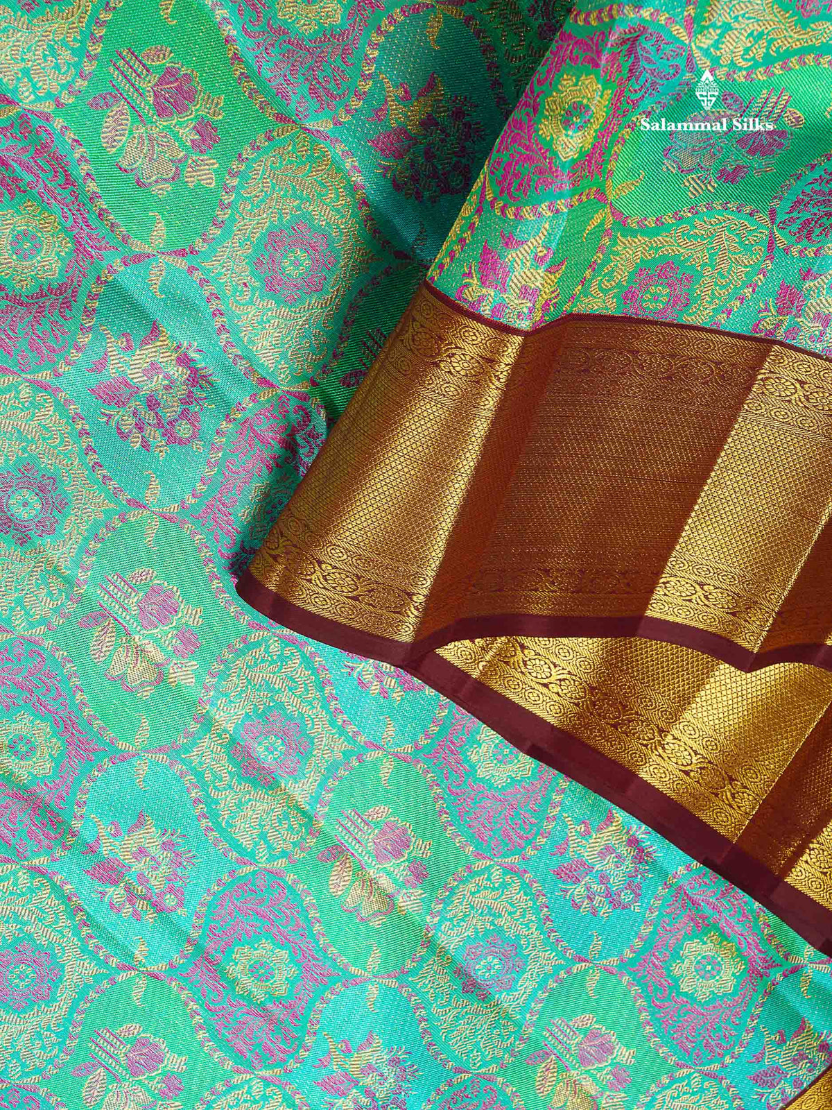 Korvai 2G Zari Kanjivaram Silk Saree - Sapphire Green Colour Body With Contrast Dark Brown Border