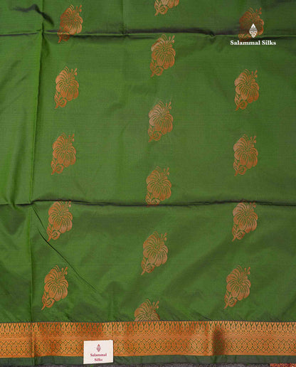 Beautiful Bottle Green Copper Zari Butta Semi Soft Silk Saree With Contrast Dark Purple Blouse