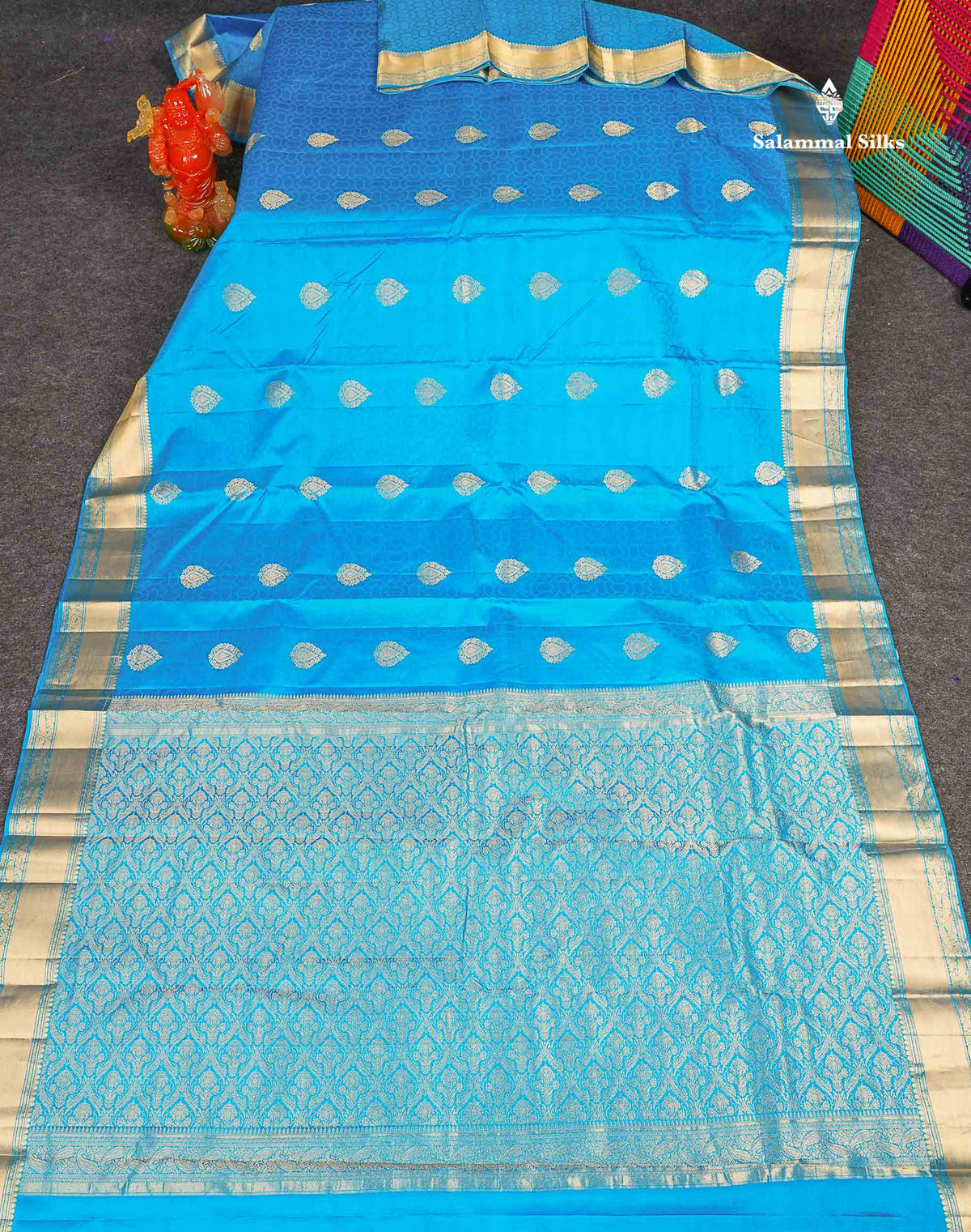 Pure Kanjivaram Silk Saree - Anandha Blue Colour Body Zari Butta With  Medium Border
