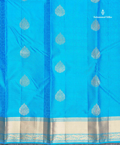 Pure Kanjivaram Silk Saree - Anandha Blue Colour Body Zari Butta With Medium Border