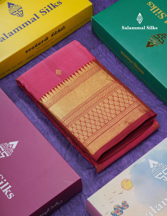 Dual Tone Pinkish Peach Pure Kanjivaram Silk Saree With Contrast Maroon Traditional Border