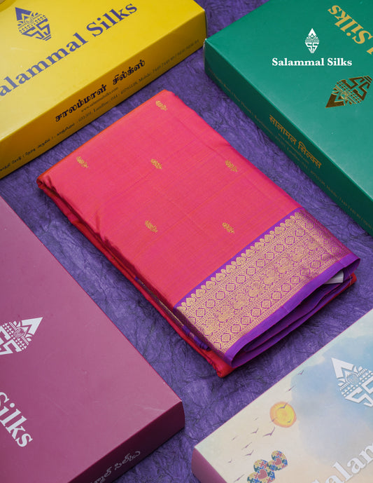 Dual Tone Pinkish Orange Pure Kanjivaram Silk Saree With Contrast Vadamalli Small Traditional Border