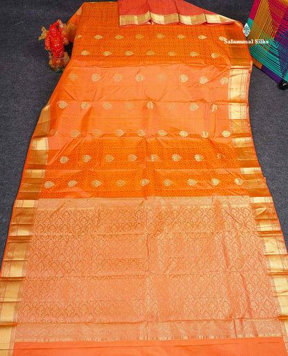 Pure Kanjivaram Silk Saree - Dark Orange Colour Body Zari Butta With  Medium Border