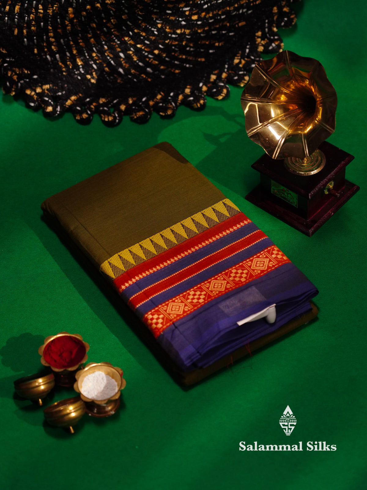 Beautiful Army Green Plain Chettinad Pure Cotton Saree With Contrast Violet Traditional Border