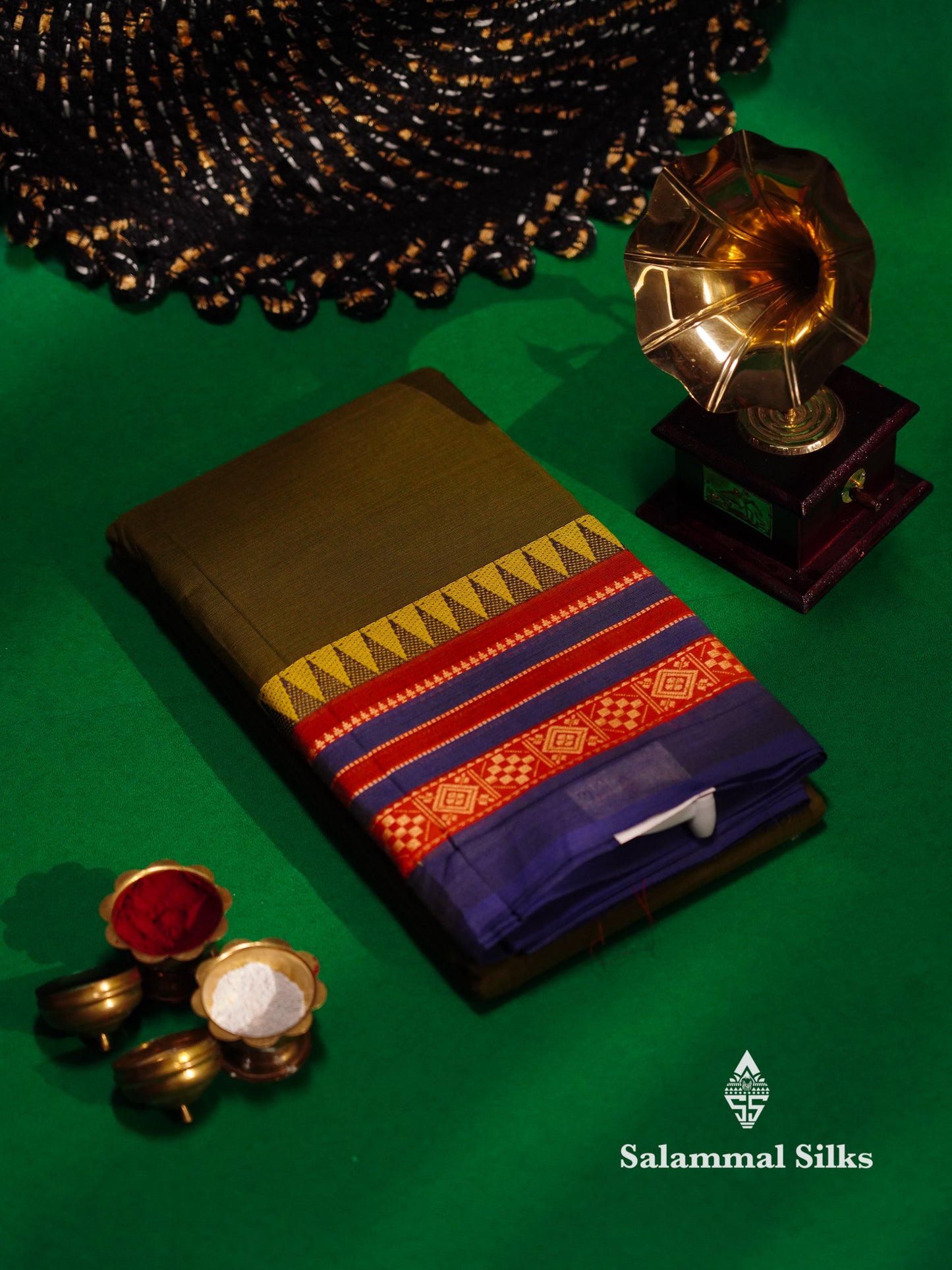 Beautiful Army Green Plain Chettinad Pure Cotton Saree With Contrast Violet Traditional Border