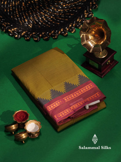 Beautiful Olive Green Chettinad Plain Pure Cotton Saree With Maganta Traditional Temple And Double Border