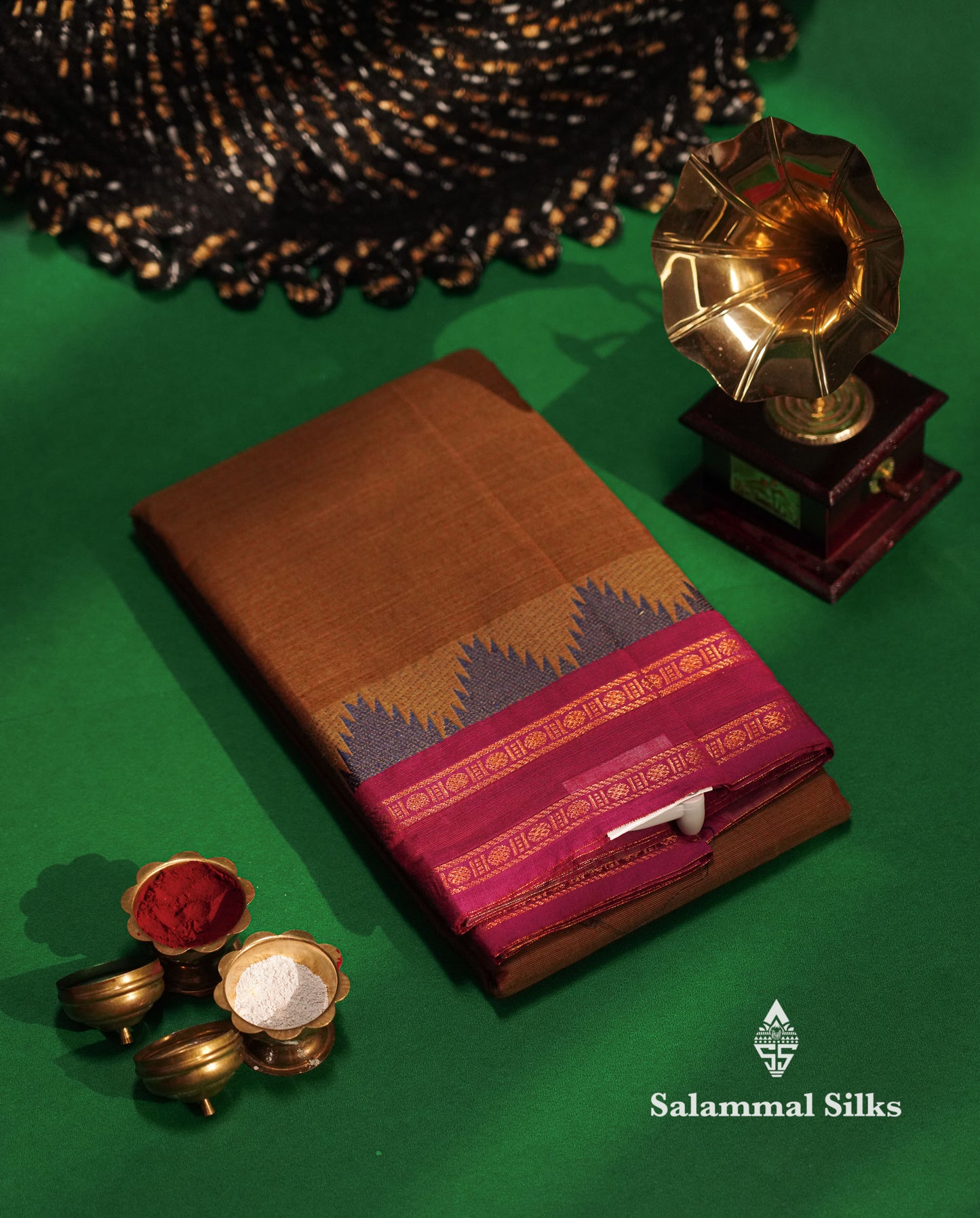 Beautiful Grey Plain Pure Chettinad  Cotton Saree With Violet Thread Work Traditional Temple And Double Border