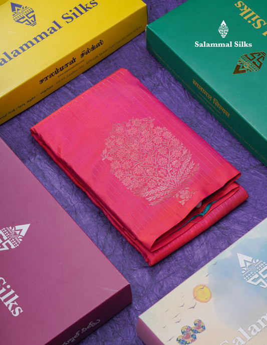 Dual Tone Pinkish Orange Pure Kanjivaram Silk Saree With Contrast Sapphire Green Blouse