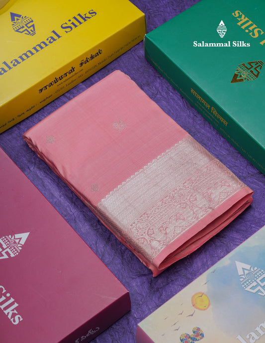 Baby Pink Pure Kanjivaram Silk Saree With Traditional Evening Morning Border
