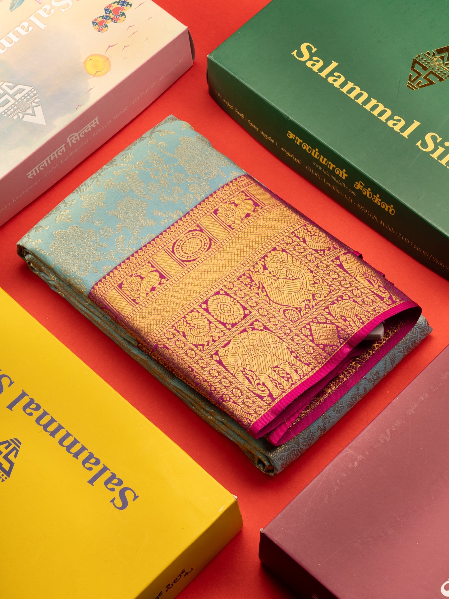 Kanjivaram Beautiful Sea Blue Pure Silk Saree With Contrast Magenta Traditional Border