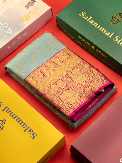 Kanjivaram Beautiful Sea Blue Pure Silk Saree With Contrast Magenta Traditional Border