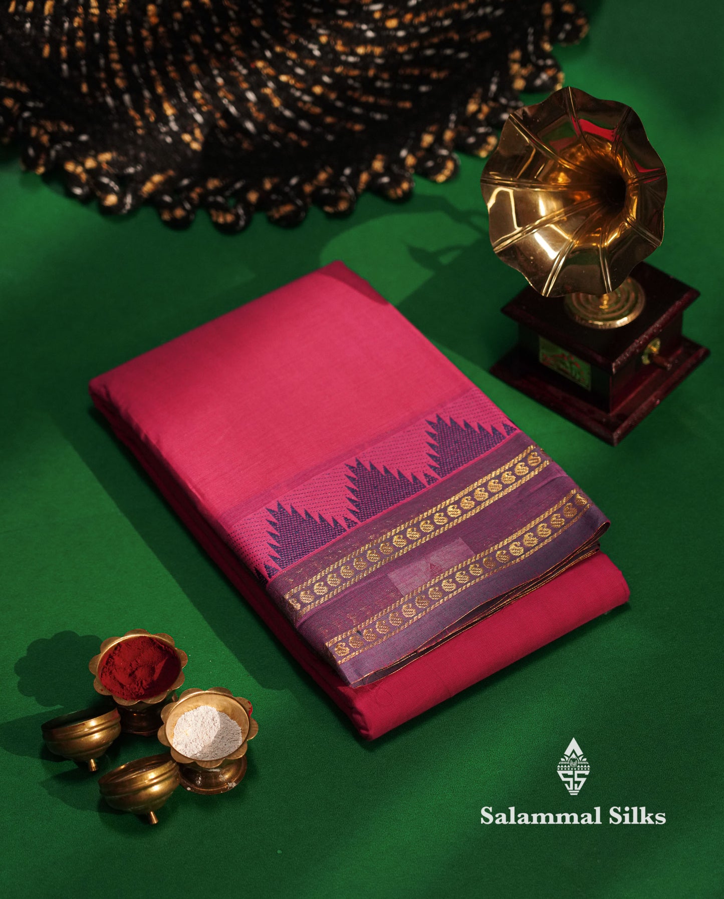 Beautiful Grey Plain Pure Chettinad  Cotton Saree With Violet Thread Work Traditional Temple And Double Border