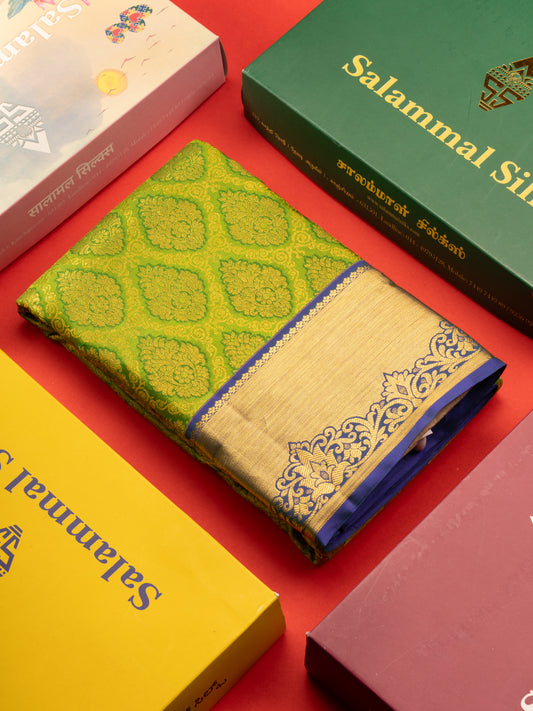 Parrot Green Beautiful Bridal Pure Kanjivaram Silk Saree With Contrast Royal Blue Border
