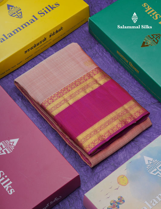 Dark Peach Pure Kanjivaram Silk Saree With Contrast Vadamalli Traditional Gap Eveving Morning Border