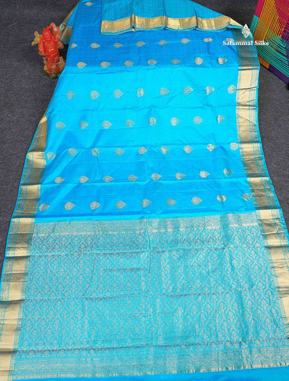 Pure Kanjivaram Silk Saree - Light Blue Colour Body Zari Butta With Medium Border