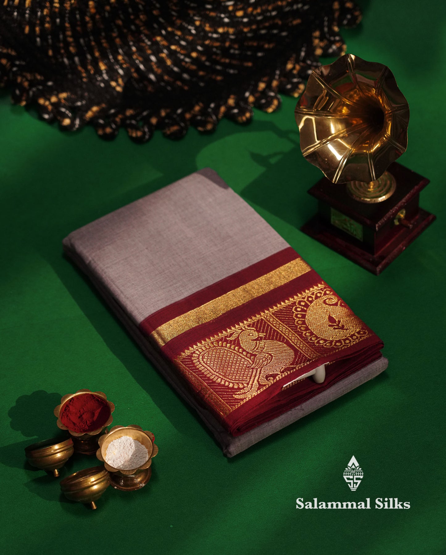 Beautiful Lavender Plain Pure Chettinad Cotton Saree With Maroon Traditional Border