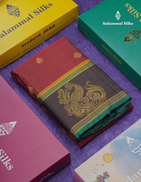 Dark Maroon Pure Kanjivaram Silk Saree With Contrast Vaira Oosi Traditional Border