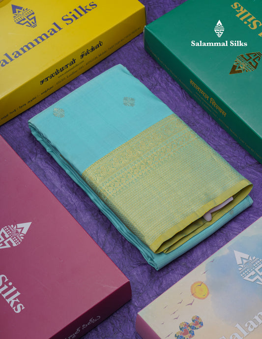 Pastel Blue Pure Kanjivaram Silk Saree With Contrast Manthulir Green Border