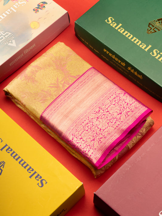 Beautiful Golden Yellow Bridal Pure Kanjivaram Silk Saree With Contrast Magenta Pink Border