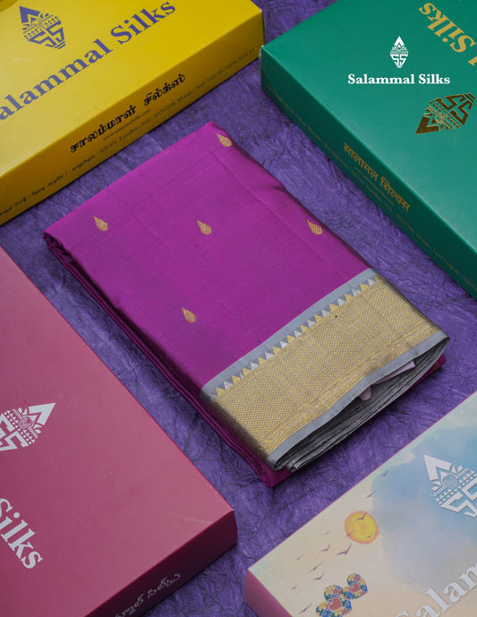 Dark Purple Pure Kanjivaram Silk Saree With Contrast Light Grey Small Border