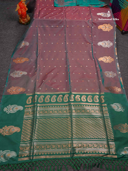 Beautiful Dual Tone Maroon Silver & Copper Zari Butta Semi Soft Silk Saree With Contrast Bottle Green Blouse