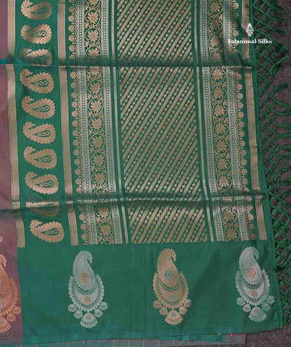 Beautiful Dual Tone Maroon Silver & Copper Zari Butta Semi Soft Silk Saree With Contrast Bottle Green Blouse