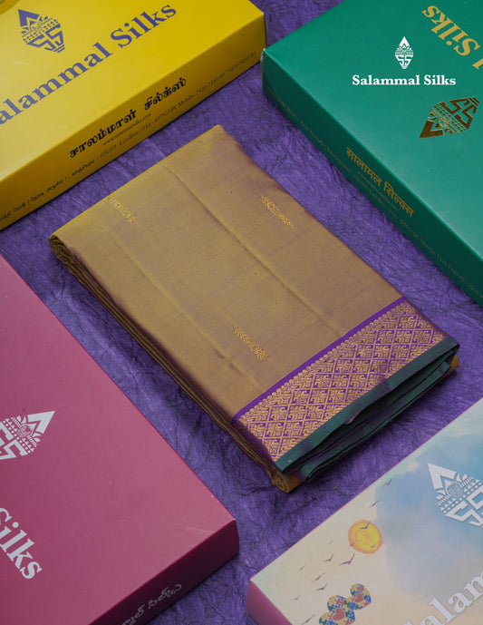 Olive Mustard Yellow Pure Kanjivaram Silk Saree With Contrast Dark Purple Small Traditional Border