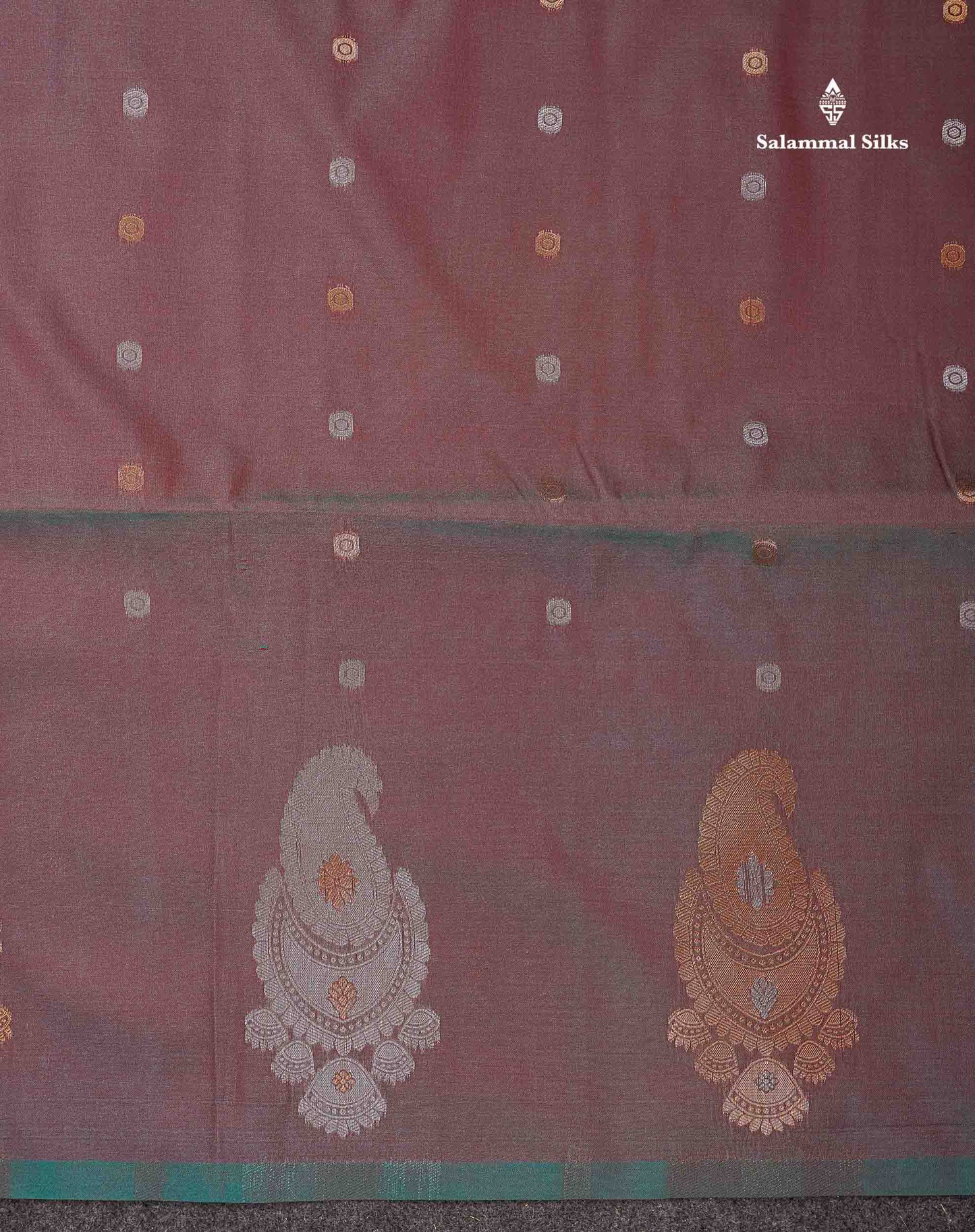 Beautiful Dual Tone Maroon Silver & Copper Zari Butta Semi Soft Silk Saree With Contrast Bottle Green Blouse