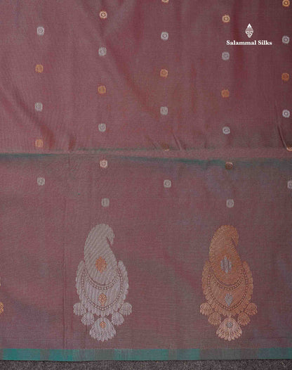 Beautiful Dual Tone Maroon Silver & Copper Zari Butta Semi Soft Silk Saree With Contrast Bottle Green Blouse