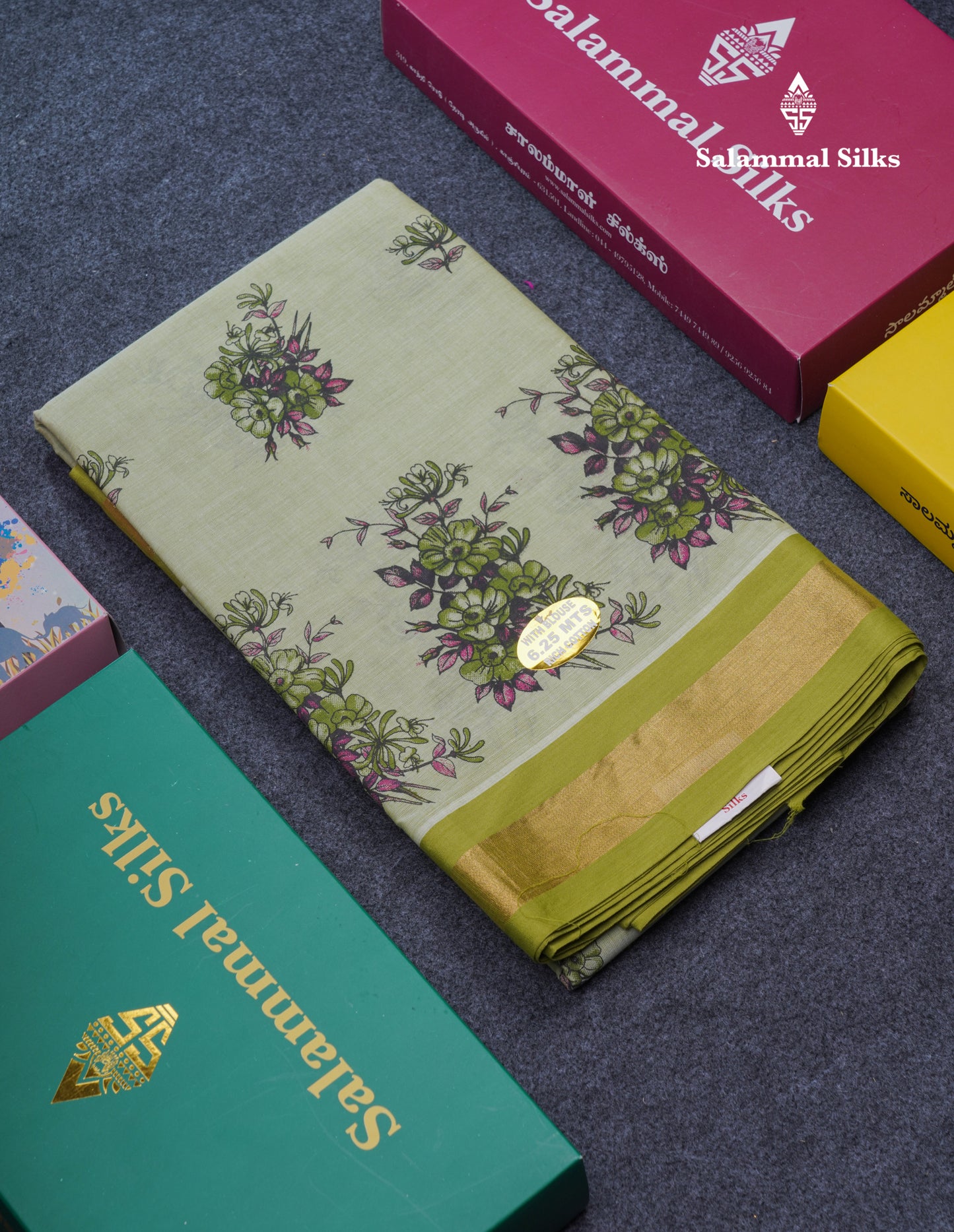 Light Elaichi Green Printed Pure Cotton Saree With Contrast Parrot Green Small Border